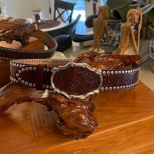 Olga Santini Brown Tooled Leather Belt and Buckle NWOT